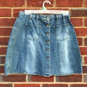 Denim jean distressed button down blue skirt m L